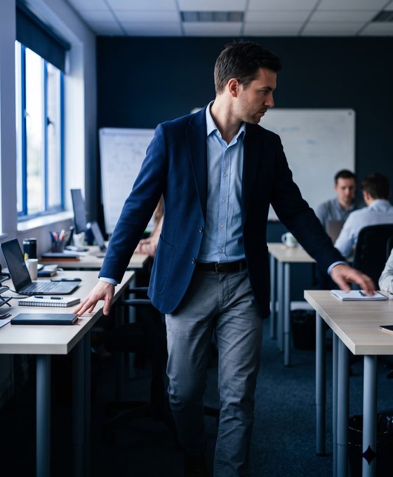 A founder reaching across two desks at once, mid-stride, in a busy open-plan office, covering ground that shouldn't all depend on one person