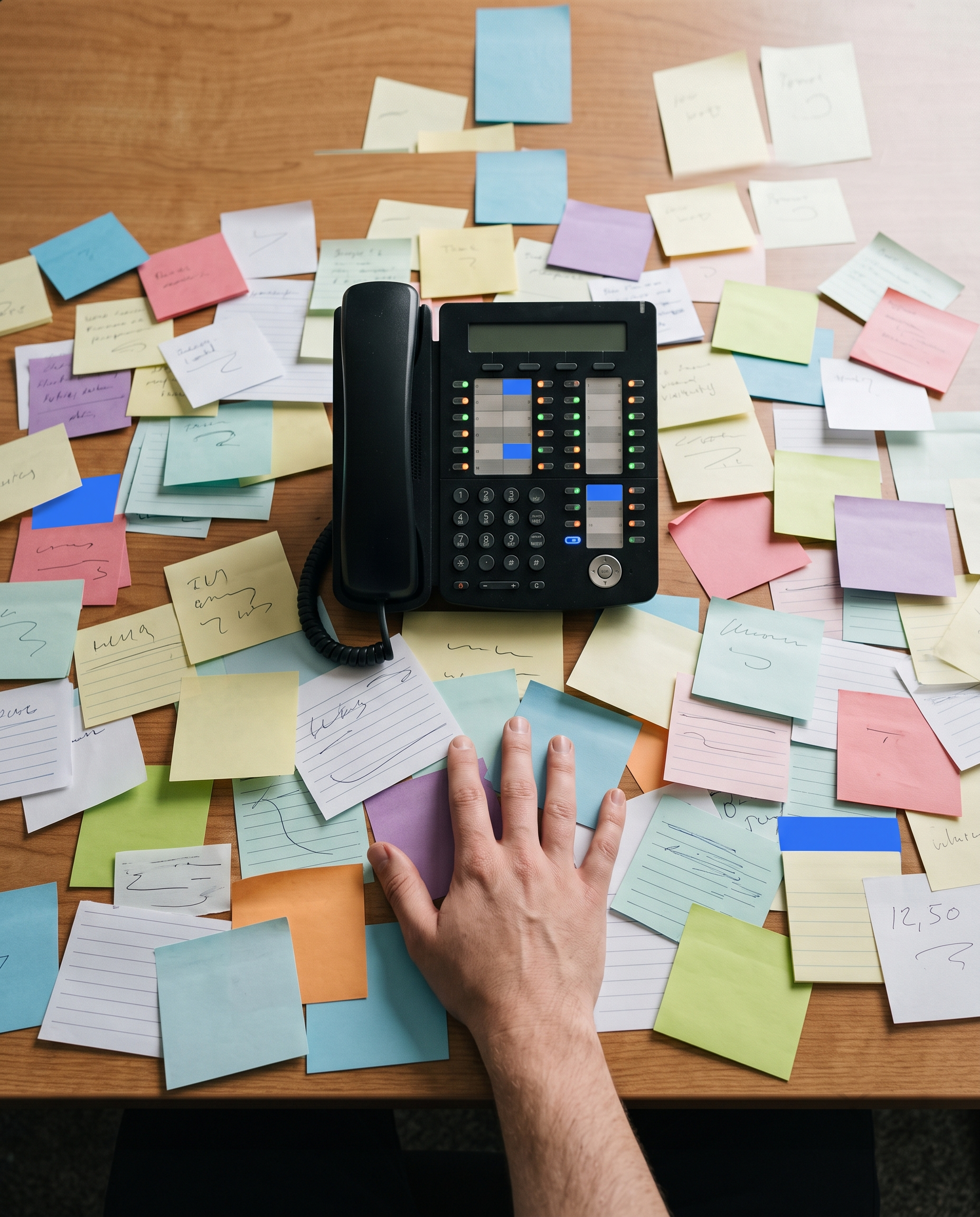 A desk covered in overlapping requests, symbolizing decisions that all wait on one person